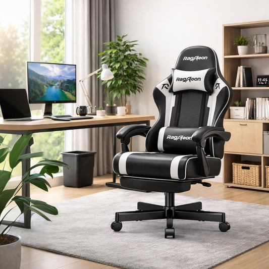 Silla gaming de cuero, ergonómica, con reposapiés, reposacabezas y soporte lumbar JECQCUPG