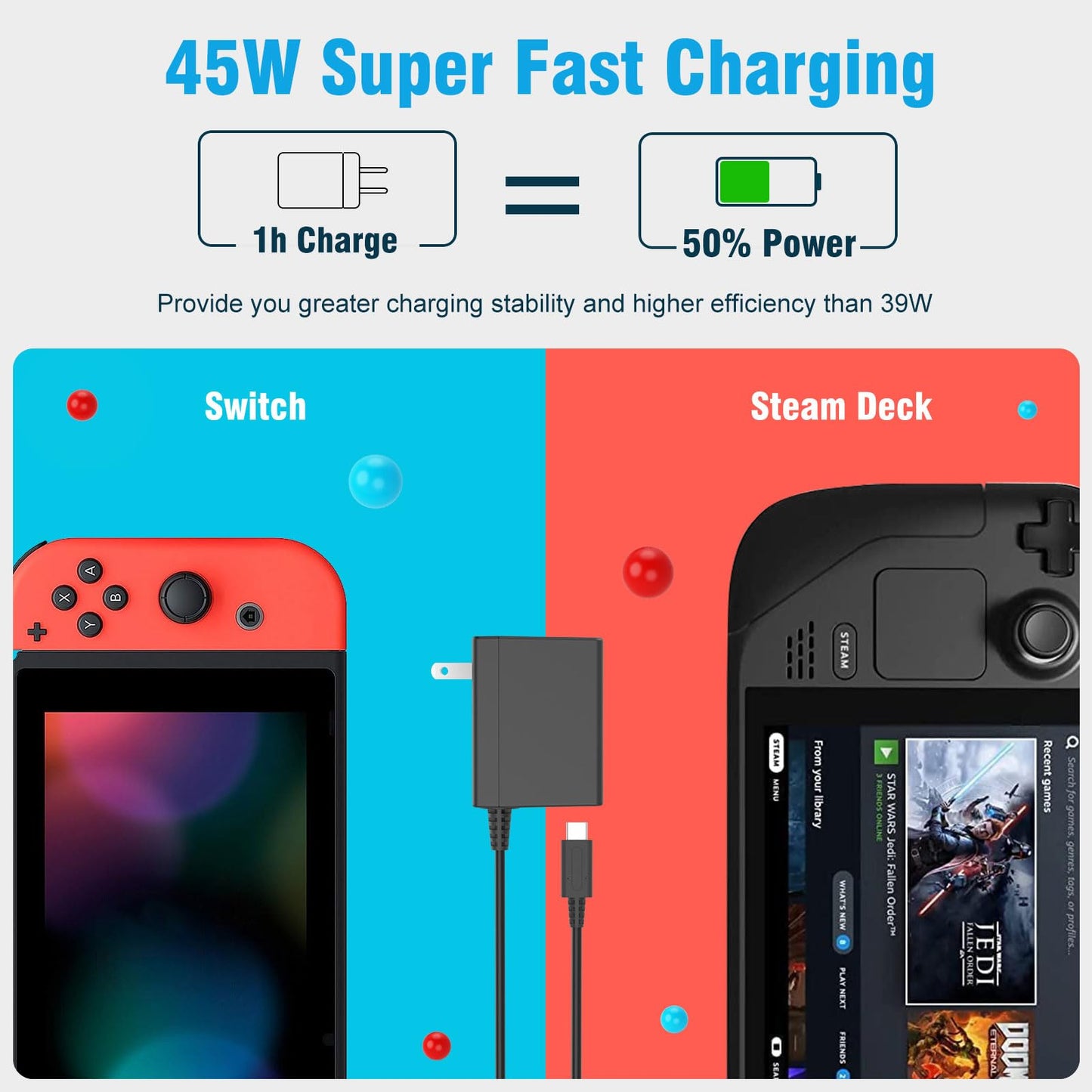 45W Charger for Nintendo Switch - 15V 2.6A AC Adapter Fast Charging MARSDOCK