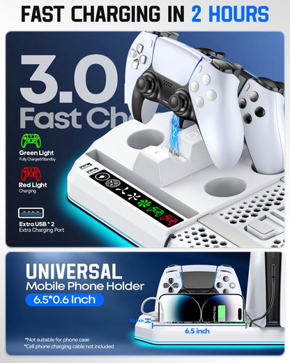 Cooling Station + Controller Charger for PS5/Slim/Pro, PlayStation 5 Vertical Stand for Disc & Digital OIVO