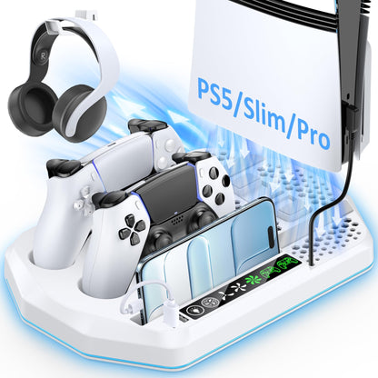 Cooling Station + Controller Charger for PS5/Slim/Pro, PlayStation 5 Vertical Stand for Disc & Digital OIVO