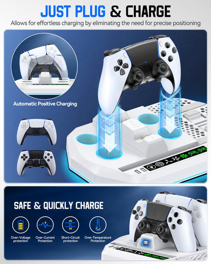 Cooling Station + Controller Charger for PS5/Slim/Pro, PlayStation 5 Vertical Stand for Disc & Digital OIVO