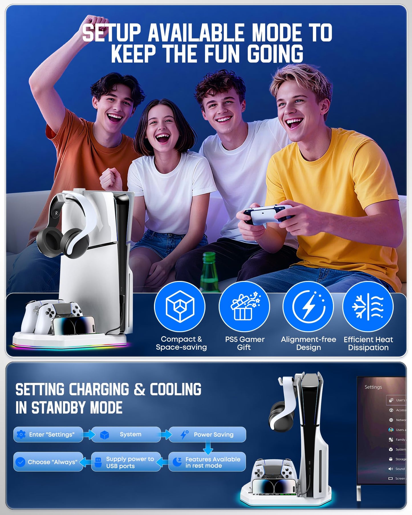 Cooling Station + Controller Charger for PS5/Slim/Pro, PlayStation 5 Vertical Stand for Disc & Digital OIVO
