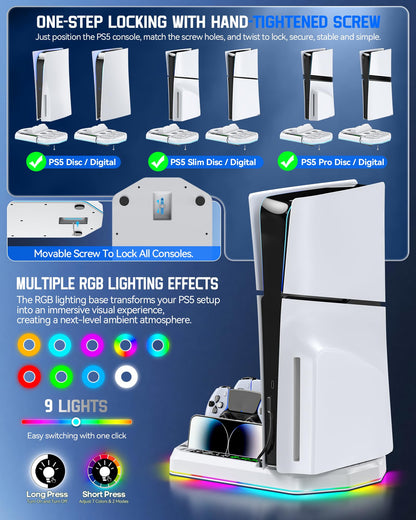 Cooling Station + Controller Charger for PS5/Slim/Pro, PlayStation 5 Vertical Stand for Disc & Digital OIVO