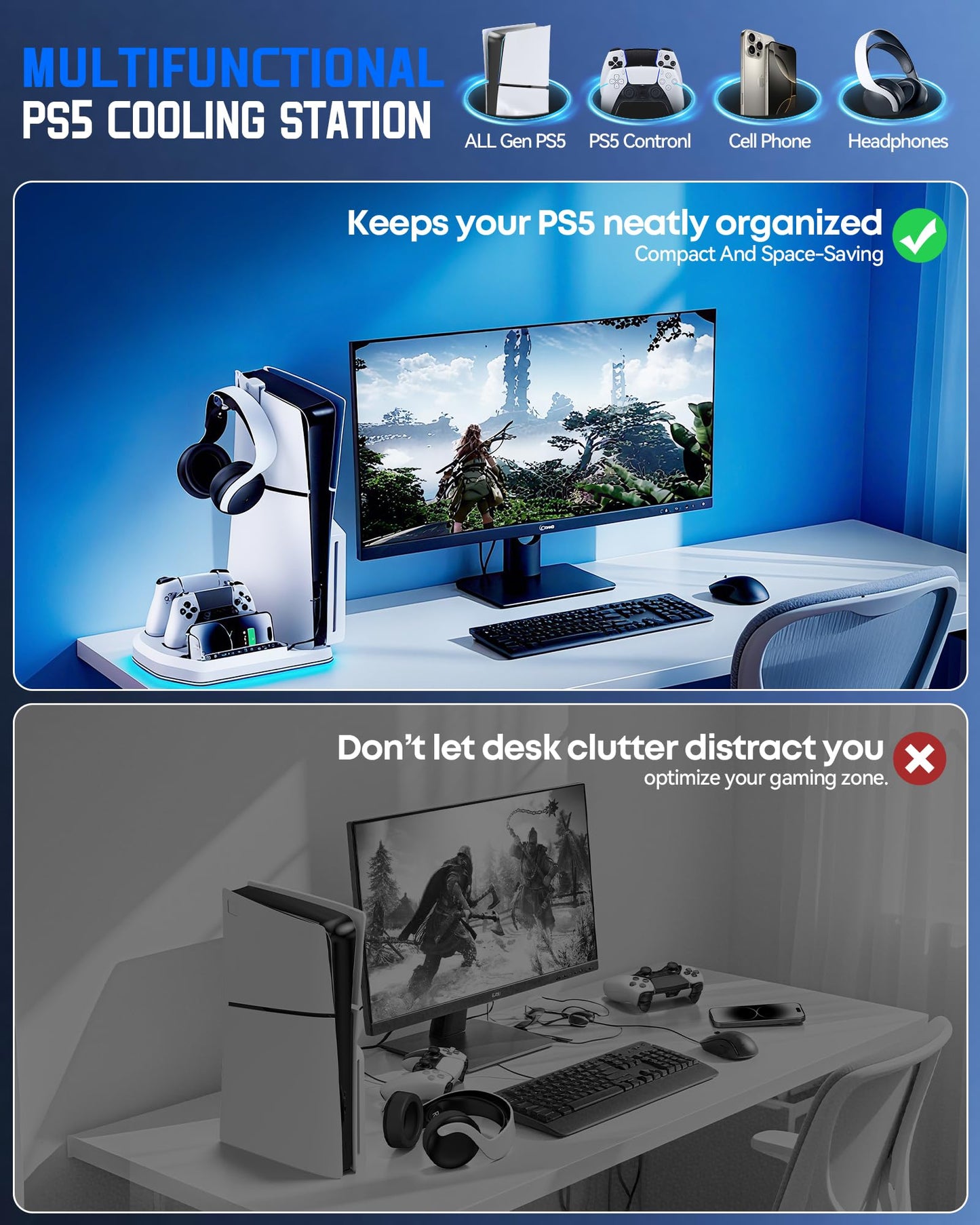 Cooling Station + Controller Charger for PS5/Slim/Pro, PlayStation 5 Vertical Stand for Disc & Digital OIVO