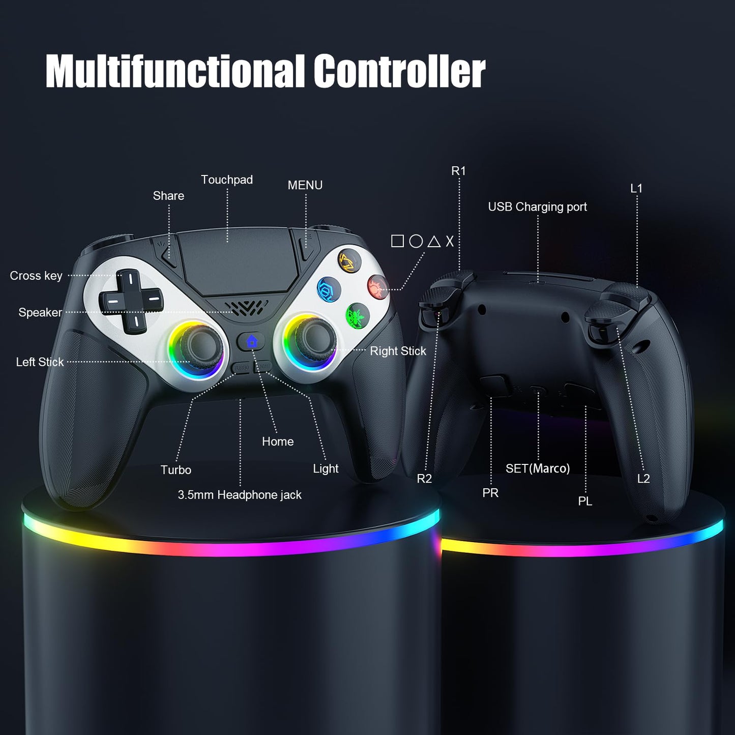 Gamrombo LED Wireless Controller for PS5, Compatible with PS5 Pro/Slim/PC, Dual Vibration, Macro/Turbo Function, 3.5mm Audio Jack, 6 - Axis Motion Control Gamepad with Speaker - EASY GAMES