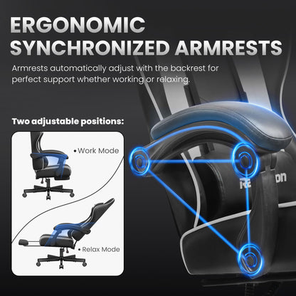 Silla gaming de cuero, ergonómica, con reposapiés, reposacabezas y soporte lumbar JECQCUPG