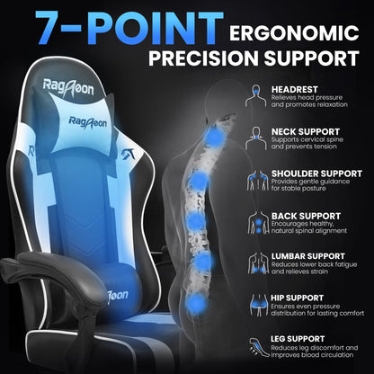 Silla gaming de cuero, ergonómica, con reposapiés, reposacabezas y soporte lumbar JECQCUPG