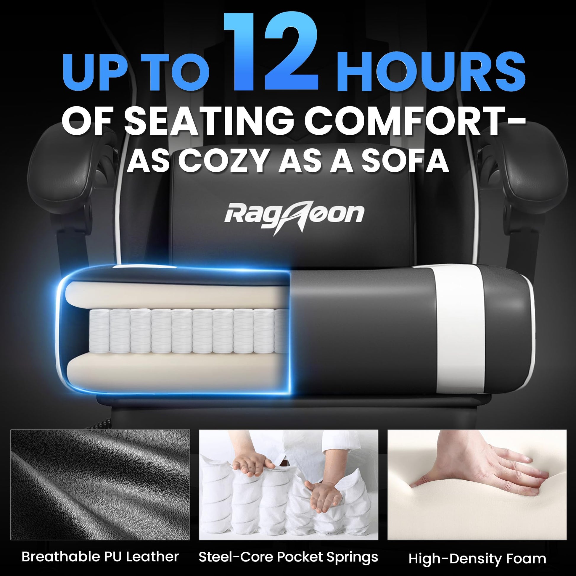 Silla gaming de cuero, ergonómica, con reposapiés, reposacabezas y soporte lumbar JECQCUPG