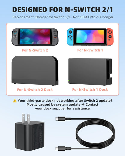 Switch 2 Charger - 60w AC Power Adapter for Nintendo 2/1, 5FT/1.5M UBC Cable, KOVA