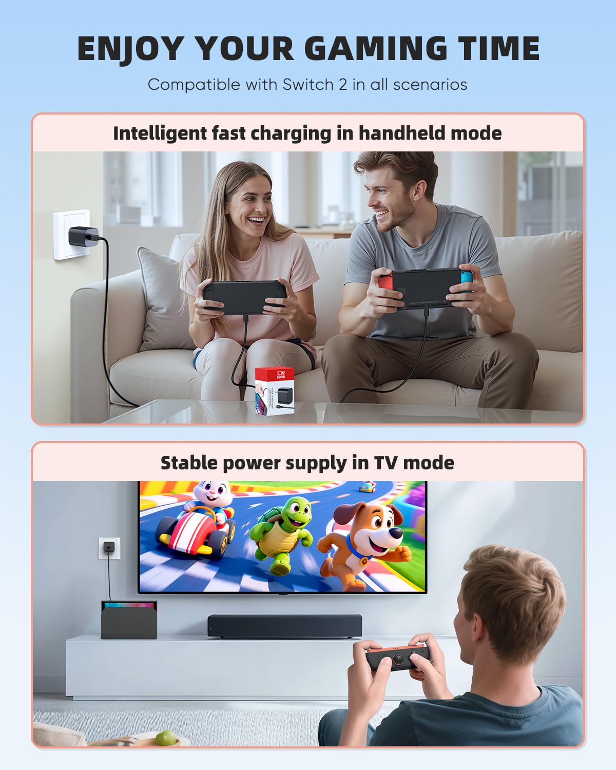 Switch 2 Charger - 60w AC Power Adapter for Nintendo 2/1, 5FT/1.5M UBC Cable, KOVA